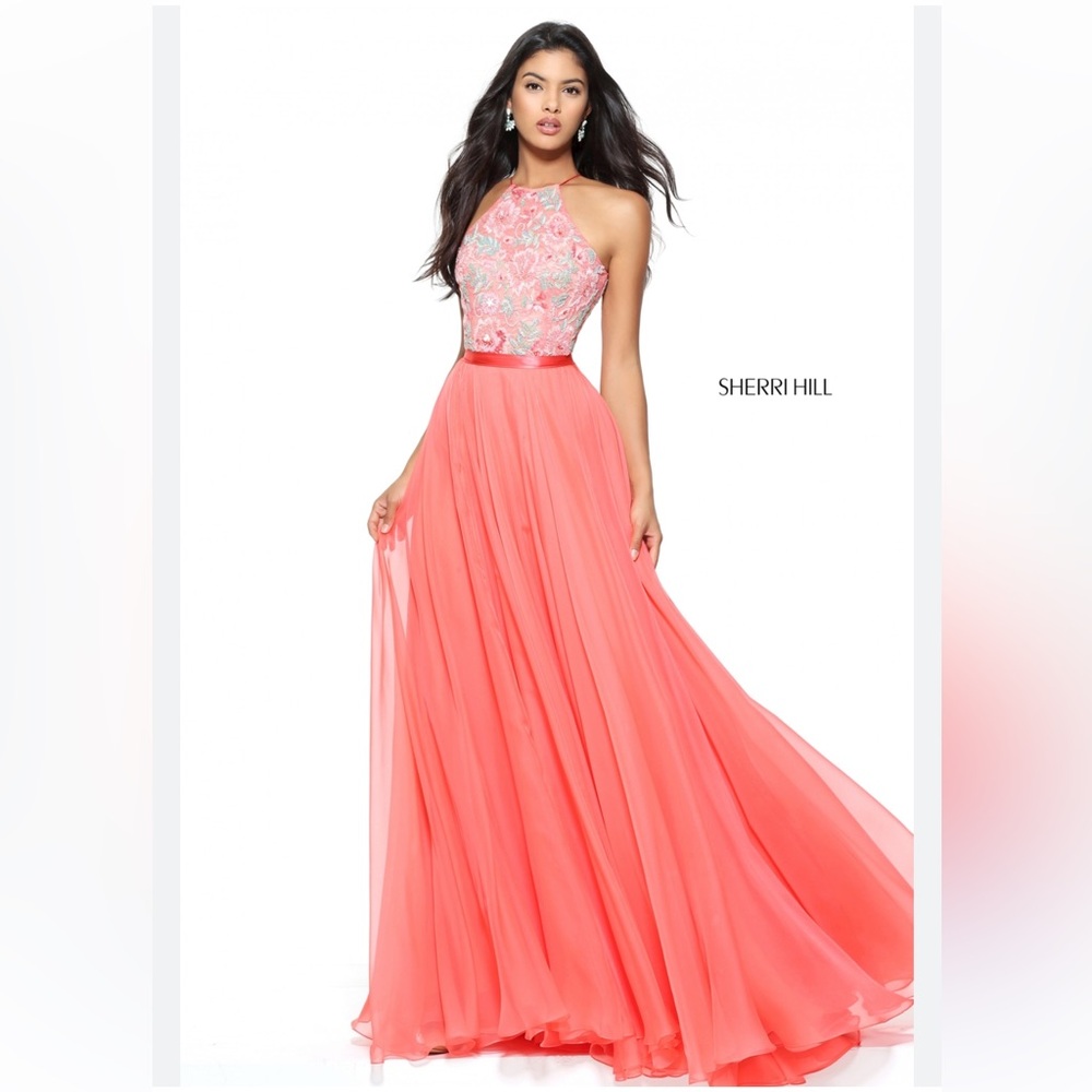 Sherri Hill Coral Beaded Maxi Dress